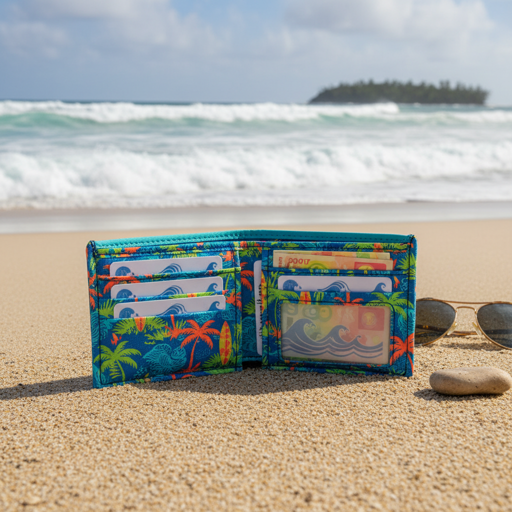 Water-resistant surf wallet displayed on a sandy beach